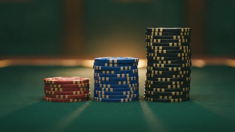 Casino games by budget: three ascending stacks of casino chips on emerald felt